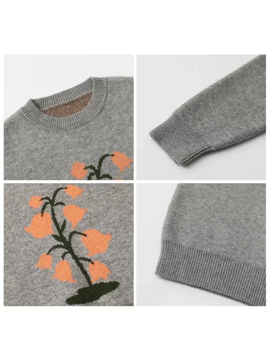 O-Neck Floral Cashmere Sweater Warm Winter Jumper