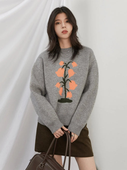 O-Neck Floral Cashmere Sweater Warm Winter Jumper