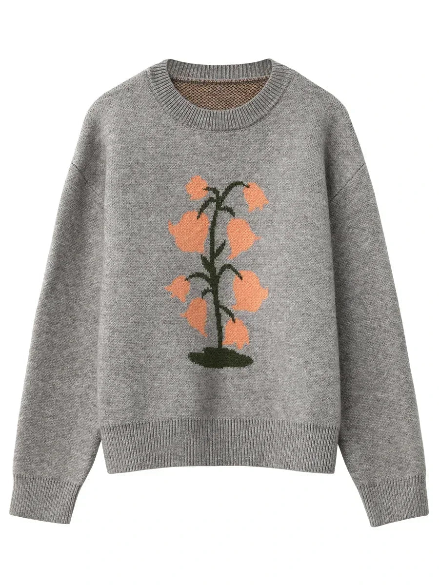 O-Neck Floral Cashmere Sweater Warm Winter Jumper